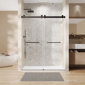 Frameless Double Sliding Soft Close Bathtub Shower Door, 5 / 16" Clear Nano Coated Tempered Glass And 304 Stainless Steel Handle - Matte Black