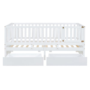 Daybed With Fence Guardrails And 2 Drawers, Split Into Independent Floor Bed & Daybed