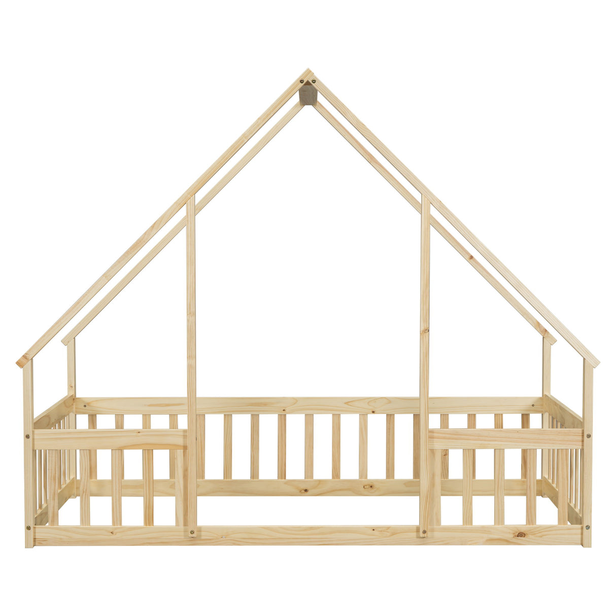 Wood House-Shaped Floor Bed With Fence, Guardrails