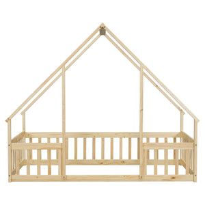 Wood House-Shaped Floor Bed With Fence, Guardrails