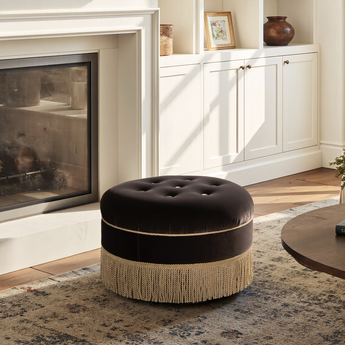 Yolanda 24-Inch Round Upholstered Accent Ottoman, Deep Brown