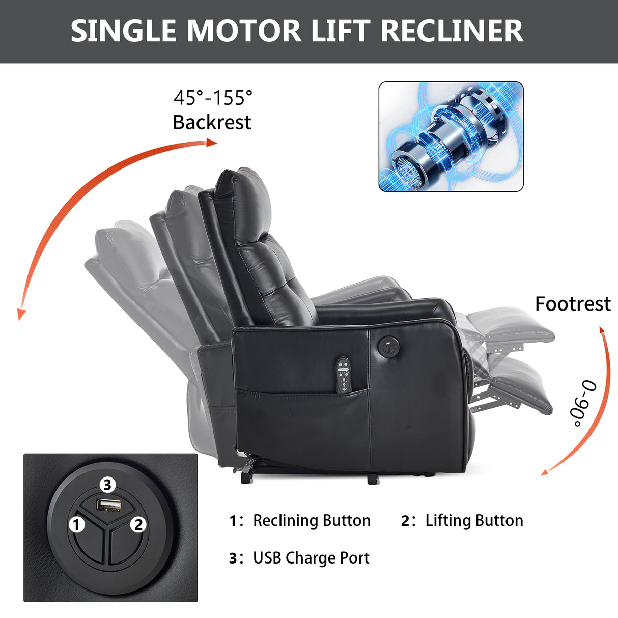 Black PU Single Motor Power Lift Recliner Chair
