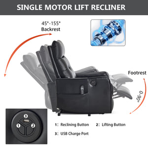 Black PU Single Motor Power Lift Recliner Chair