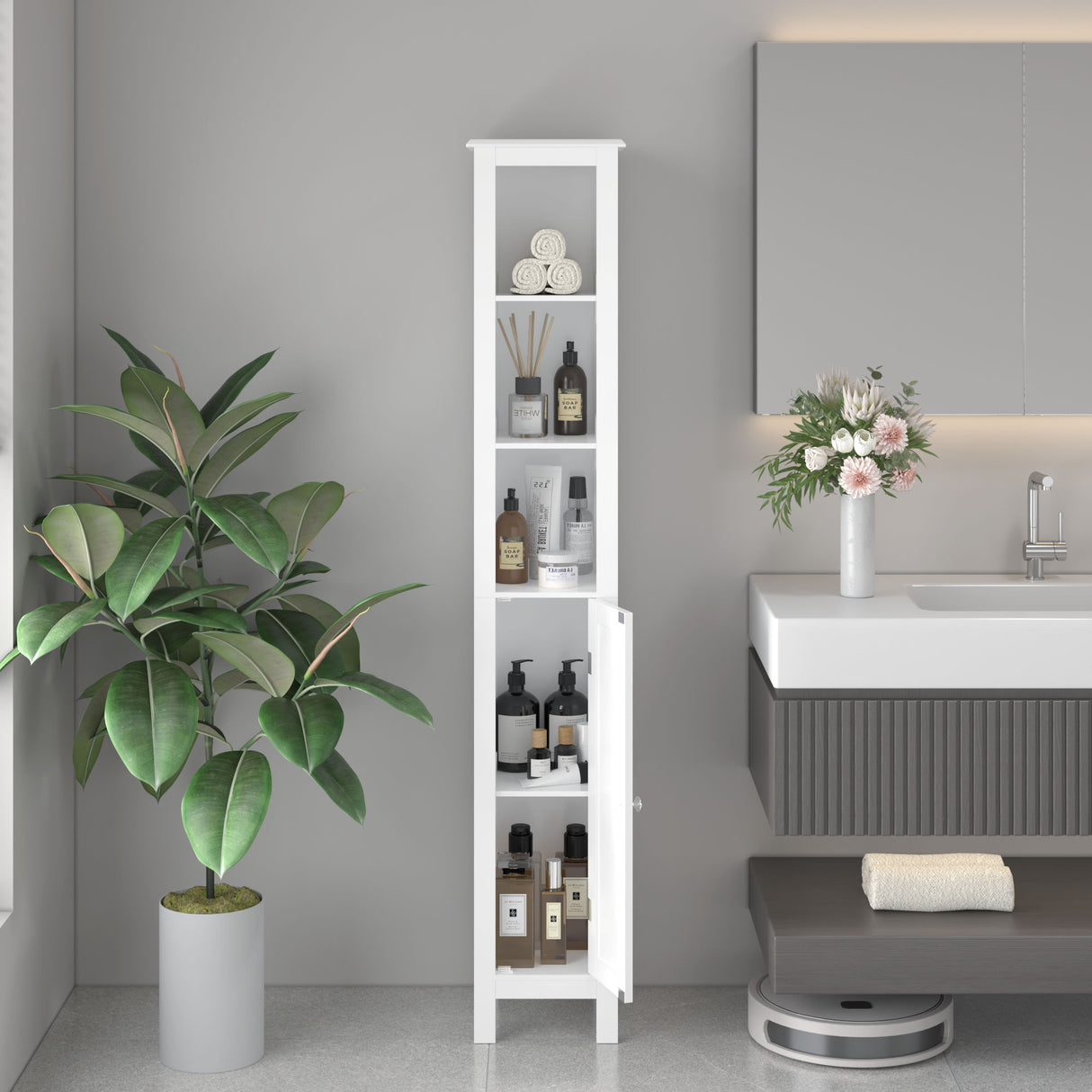 Slim Tall Bathroom Storage Cabinet With Adjustable Shelves, Anti Tip Freestanding Cabinet - White