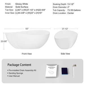 63" Freestanding Solid Surface Bathtub