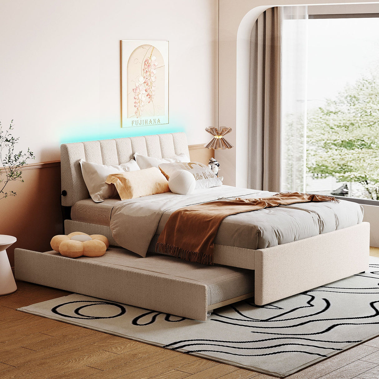 Teddy Fleece Full Size Upholstered Platform Bed with Twin Trundle