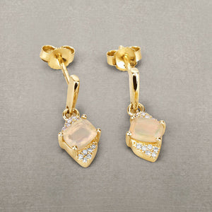 0.57 Carat Genuine Ethiopian Opal and White Diamond 14K Yellow Gold Earrings