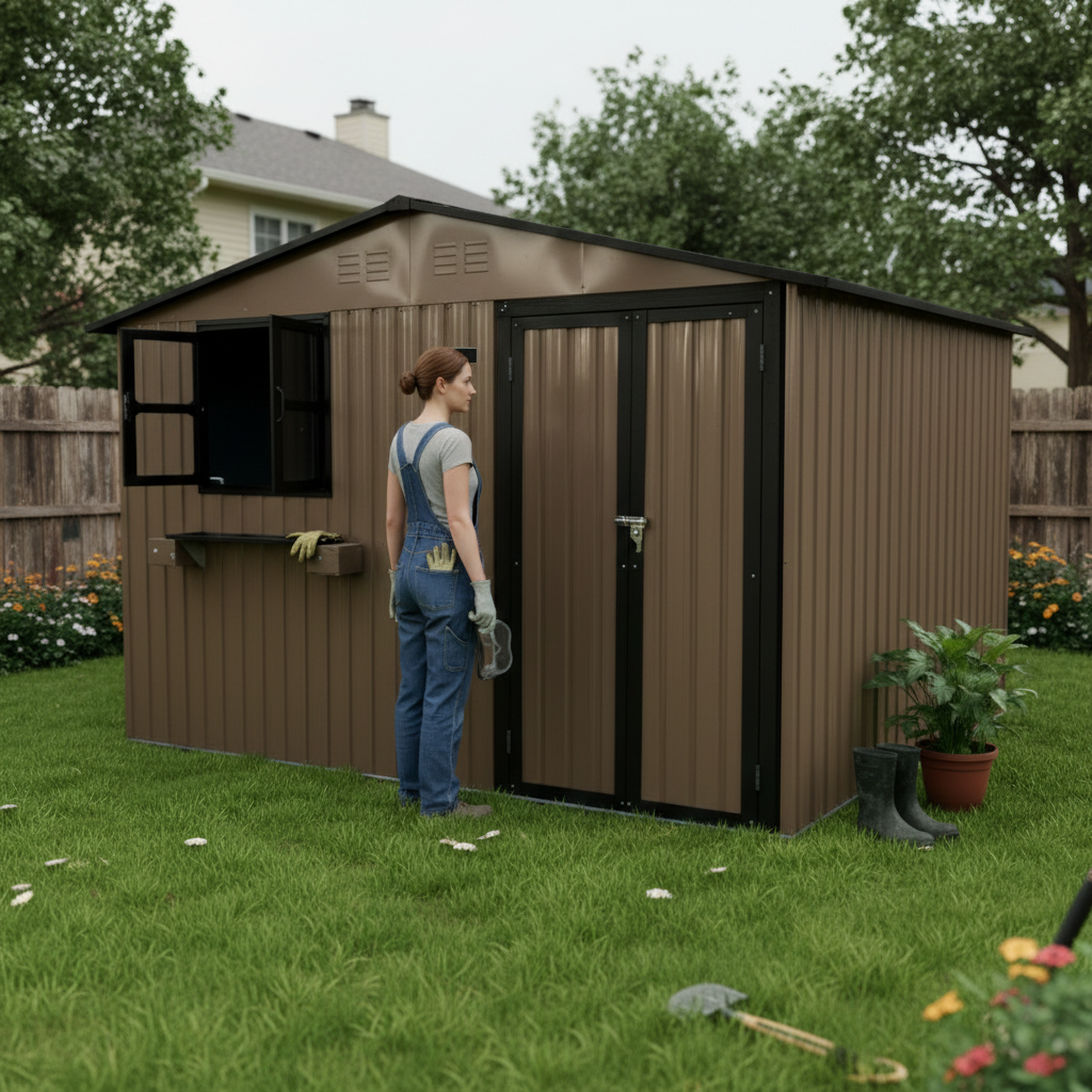 10x8 Ft Outdoor Metal Storage Shed with Window & Flower Rack
