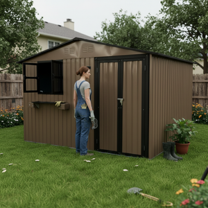10x8 Ft Outdoor Metal Storage Shed with Window & Flower Rack