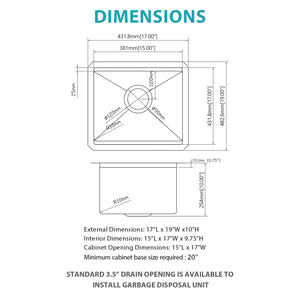 17" Undermount Kitchen Sink - Single Bowl