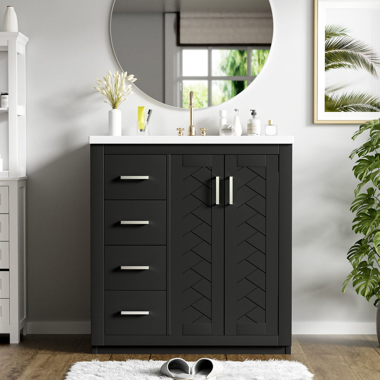 Ceramic Sink Combo, Freestanding Vanity Set With 3 Drawers & Soft Closing Doors
