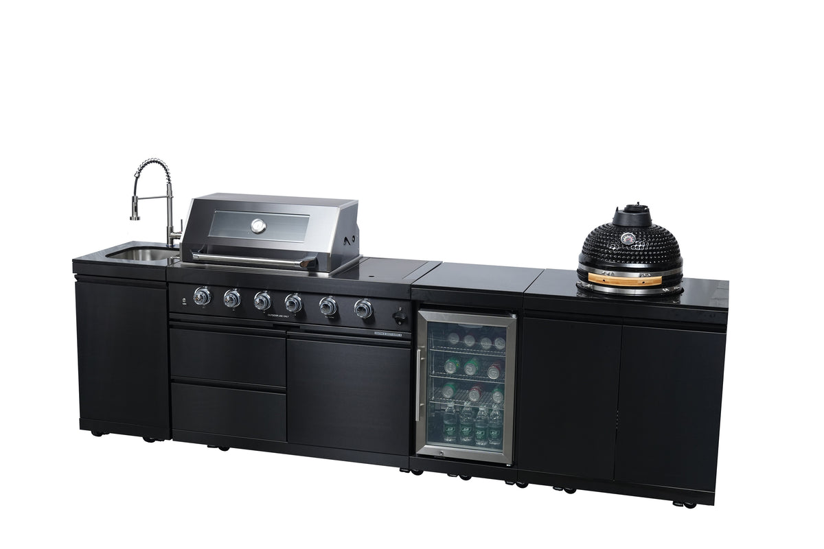 Black 118-Inch Outdoor Kitchen BBQ Island with Kamado and Stainless Steel Construction