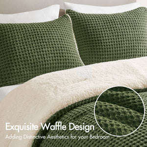3 Pieces Full/Queen Waffle Knit Chenille Comforter Set in Olive
