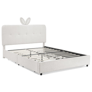 Upholstered Bed With Oversized Rabbit Ear Headboard, LED Lights & 4 Storage Drawers
