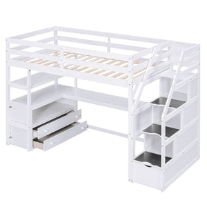 Loft Bed With Desk, Shelves, 2 Drawers, Storage Staircase