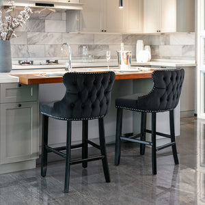 Contemporary Upholstered Wing-Back Barstools With Button Tufted Decoration And Wooden Legs, And Nailhead Trim, Leisure Style Bar Chairs, Bar Stools (Set of 2)