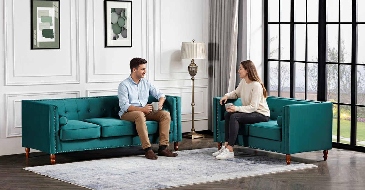 Chesterfield Button Tufted 3-Seater Sofa, Green Velvet with Nailhead Trim