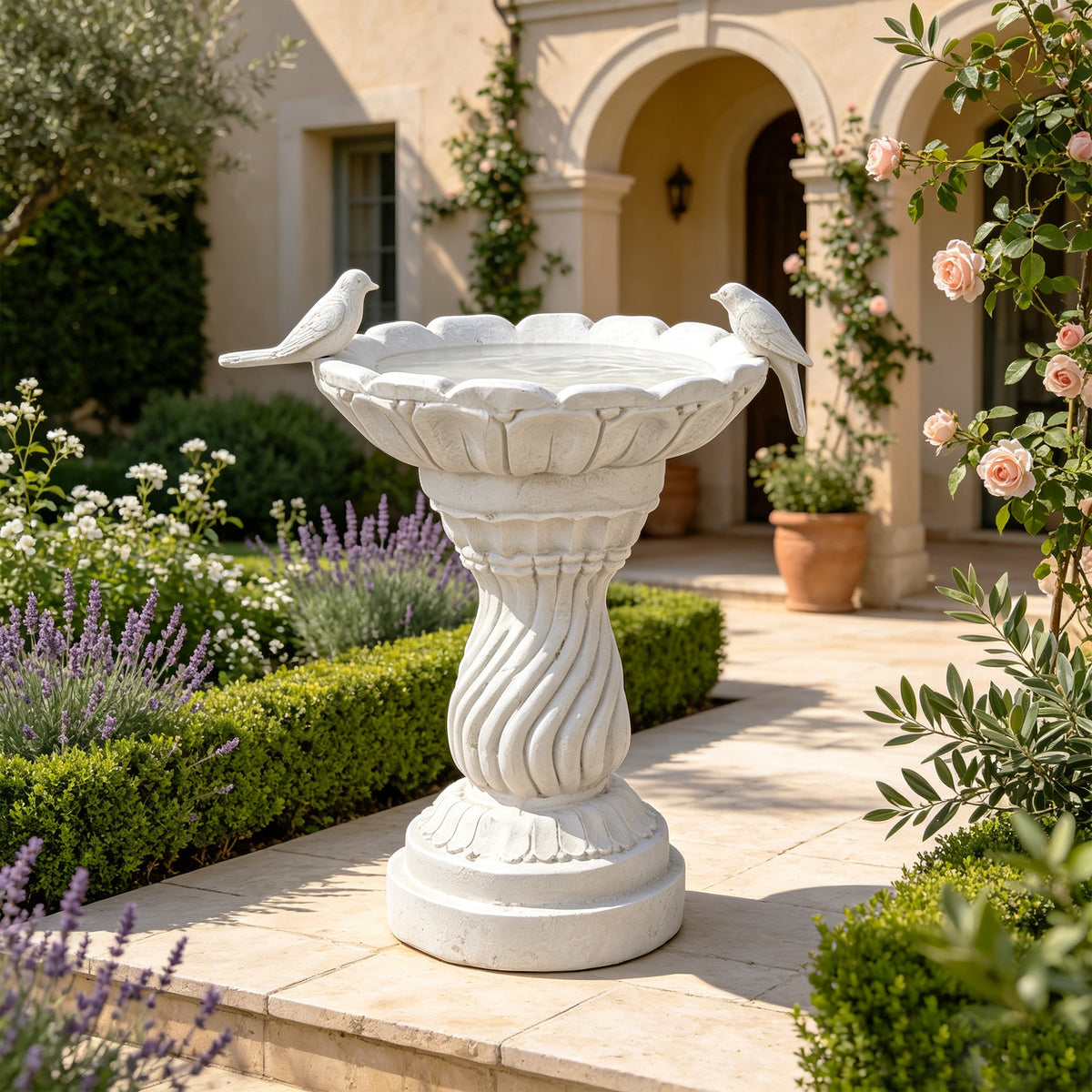 Garden Bird Bath Statue with Decorative Basin - Resin - 16.54" High