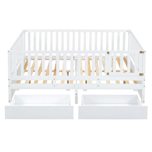 Daybed With Fence Guardrails And 2 Drawers, Split Into Independent Floor Bed & Daybed