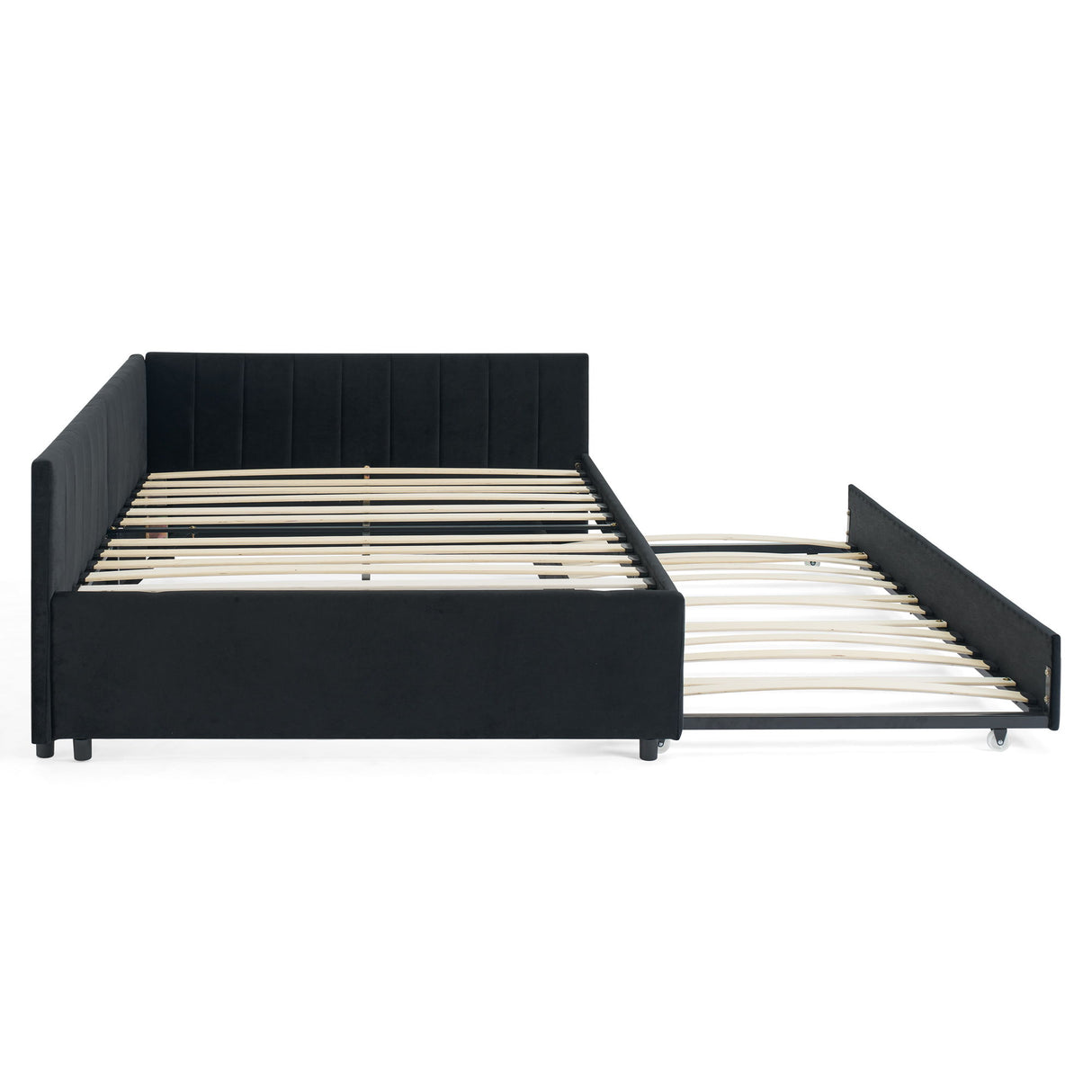 Full Size Upholstered Daybed With Trundle, Tufted Backrest And Armrests - Black