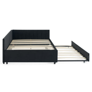 Full Size Upholstered Daybed With Trundle, Tufted Backrest And Armrests - Black
