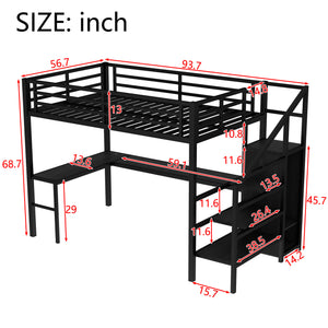 Full Size Loft Bed with L-Shaped Desk and USB