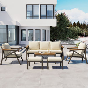 6-Piece Outdoor Patio Furniture Set with Steel Frame Sofa & Acacia Wood Table