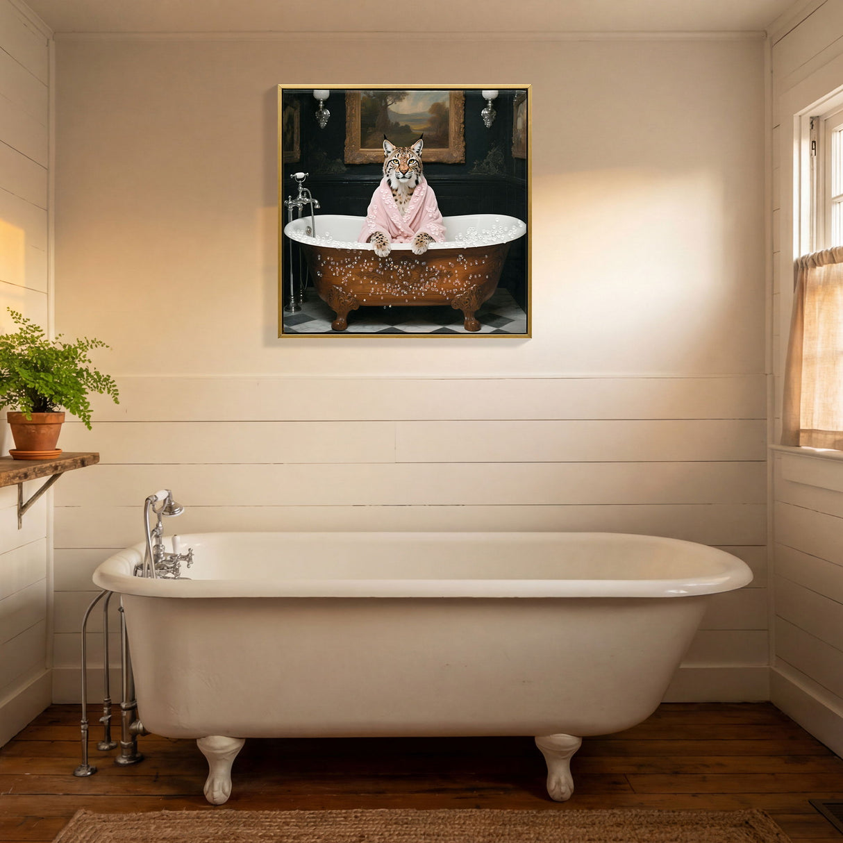 Tiger In Bathtub Wall Art Print Poster, Bathroom Decor Posters Prints For Restroom - Pink / White