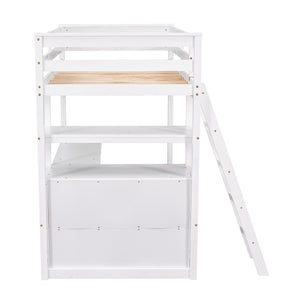 Modern Loft Bed With Built In Desk, Shelves, And 2 Drawers