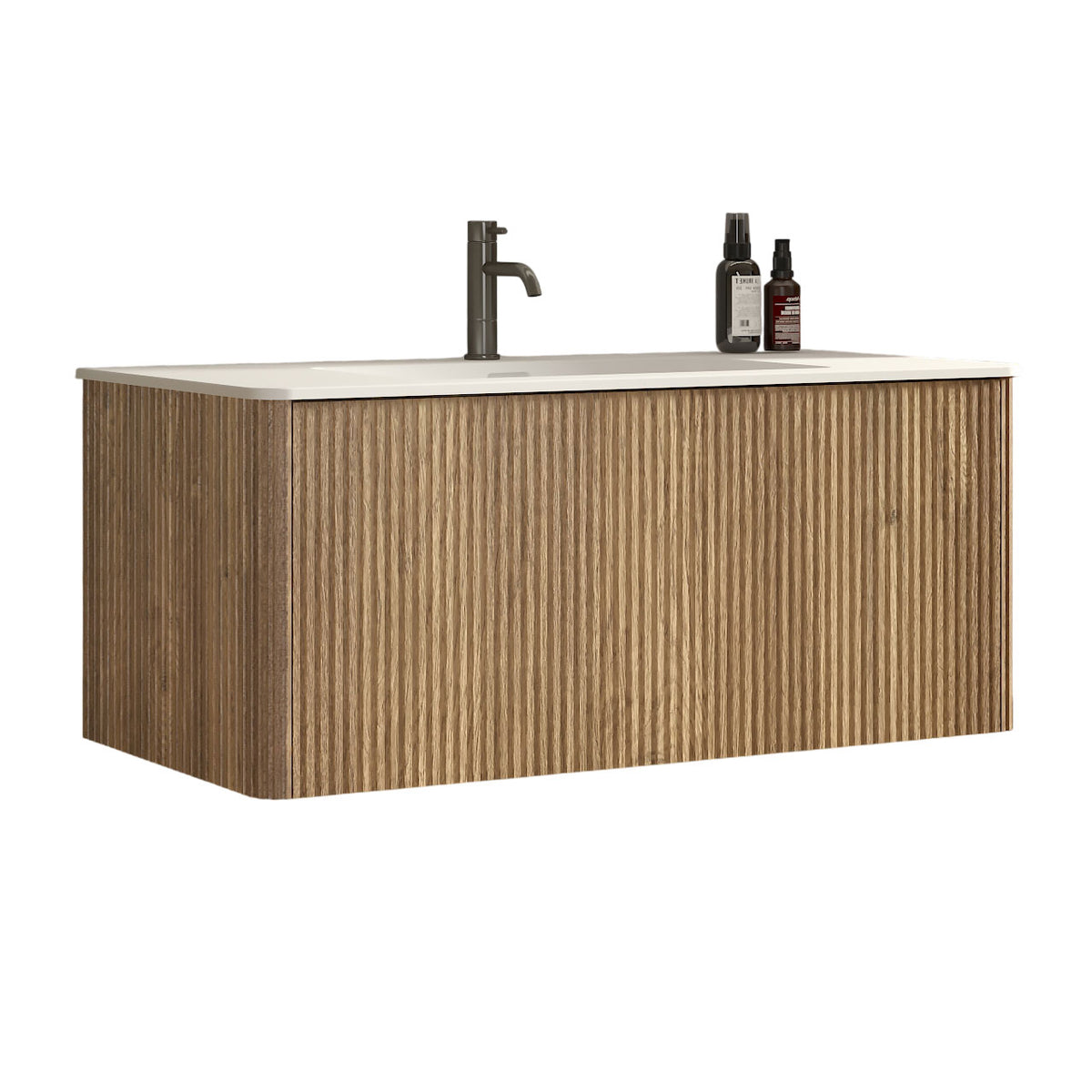 Etna 36-Inch Bathroom Vanity, Oak Striped with White Solid Surface Sink