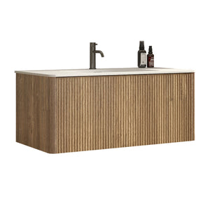 Etna 36-Inch Bathroom Vanity, Oak Striped with White Solid Surface Sink