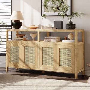 Bohemian Style Rattan Buffet Storage Cabinet with Solid Wood Frame