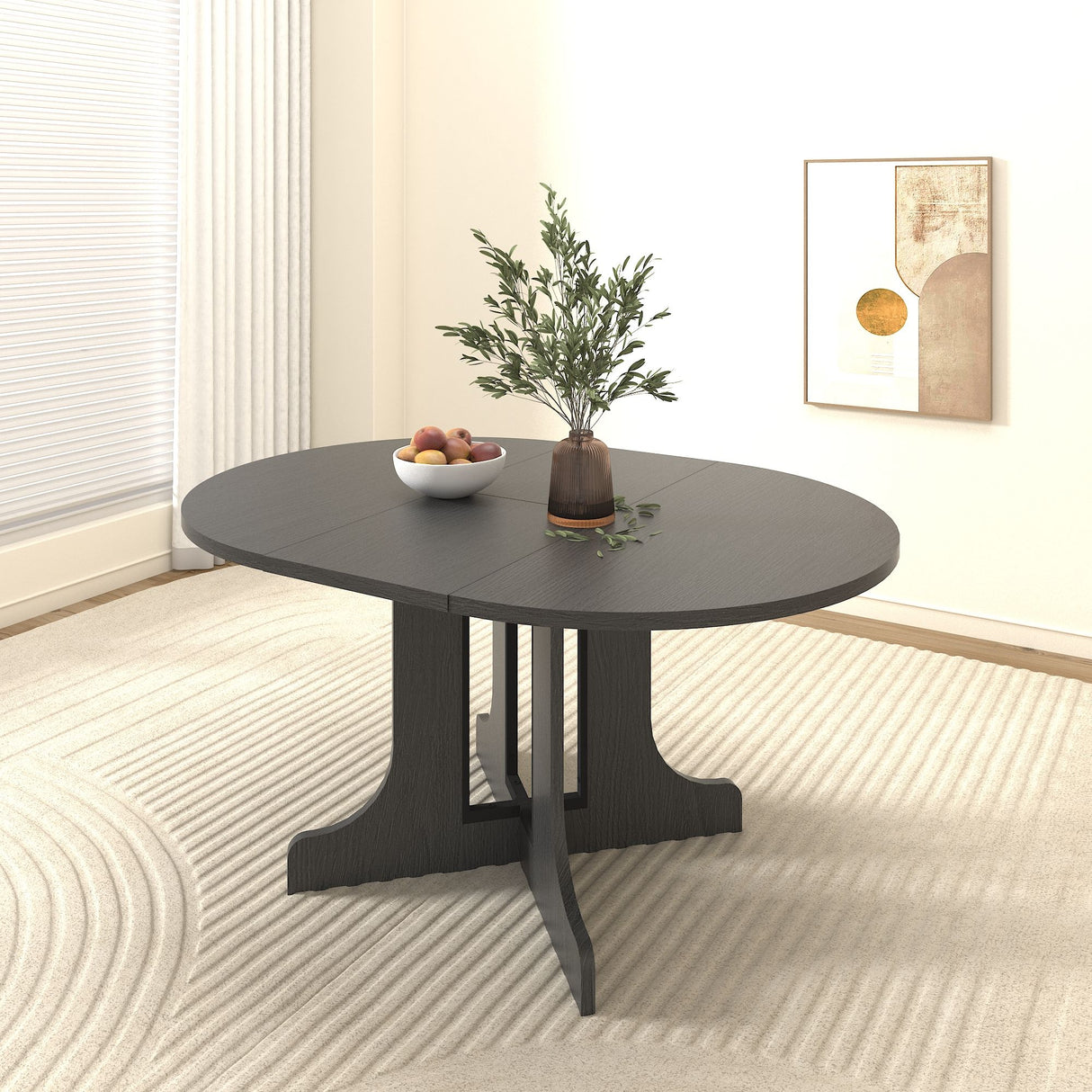 Dining Table For Farmhouse Kitchen Expandable Oval Table Top With Removable Leaf Trestle X Shaped Base - Black