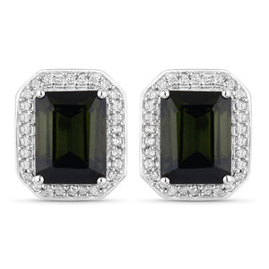 3.57 Carat Genuine Green Tourmaline and White Diamond 14K White Gold Earrings