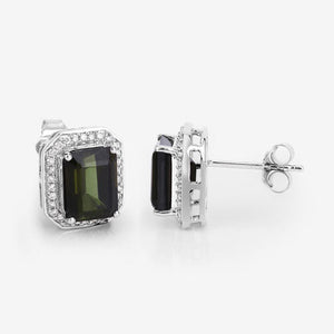 3.57 Carat Genuine Green Tourmaline and White Diamond 14K White Gold Earrings