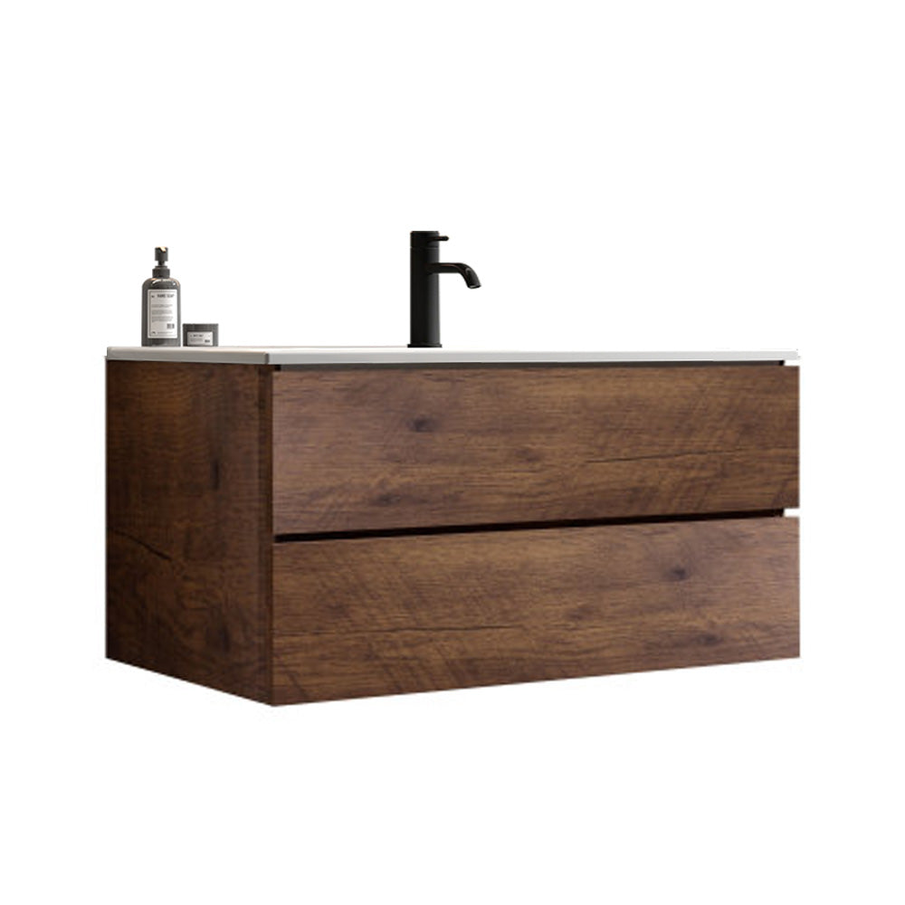 TIA 36-Inch Wall Mounted Bathroom Vanity, Walnut with Ceramic Sink