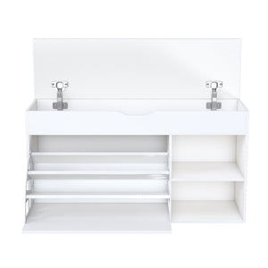 Modern Design Entryway Bench With Adjustable 3 Tier Flip-Up Drawers And Hidden Cabinet - White