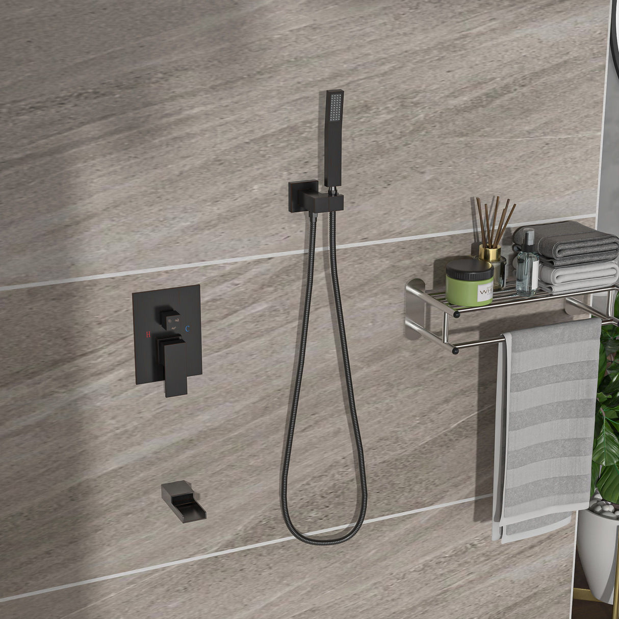 Modern Shower System With Waterfall Tub Spout, 12" Ceiling Mount Square Shower
