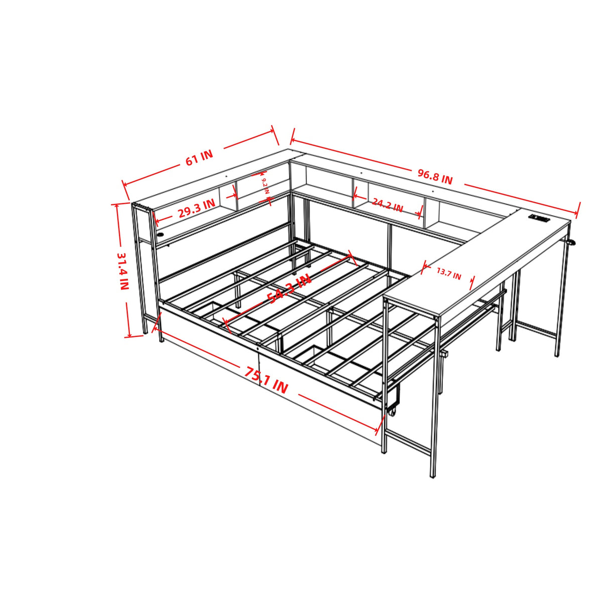 Corner Bed Frame Full Size with Bookcase and Storage Drawers