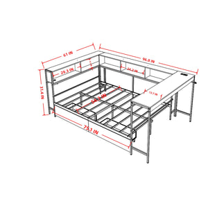 Corner Bed Frame Full Size with Bookcase and Storage Drawers