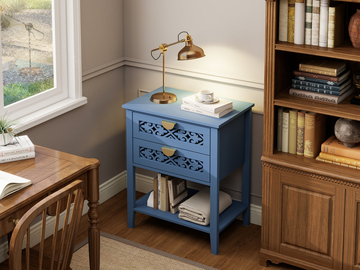 Dusty Blue 2-Drawer Nightstand with Carved Lattice Fronts, Gold Pulls