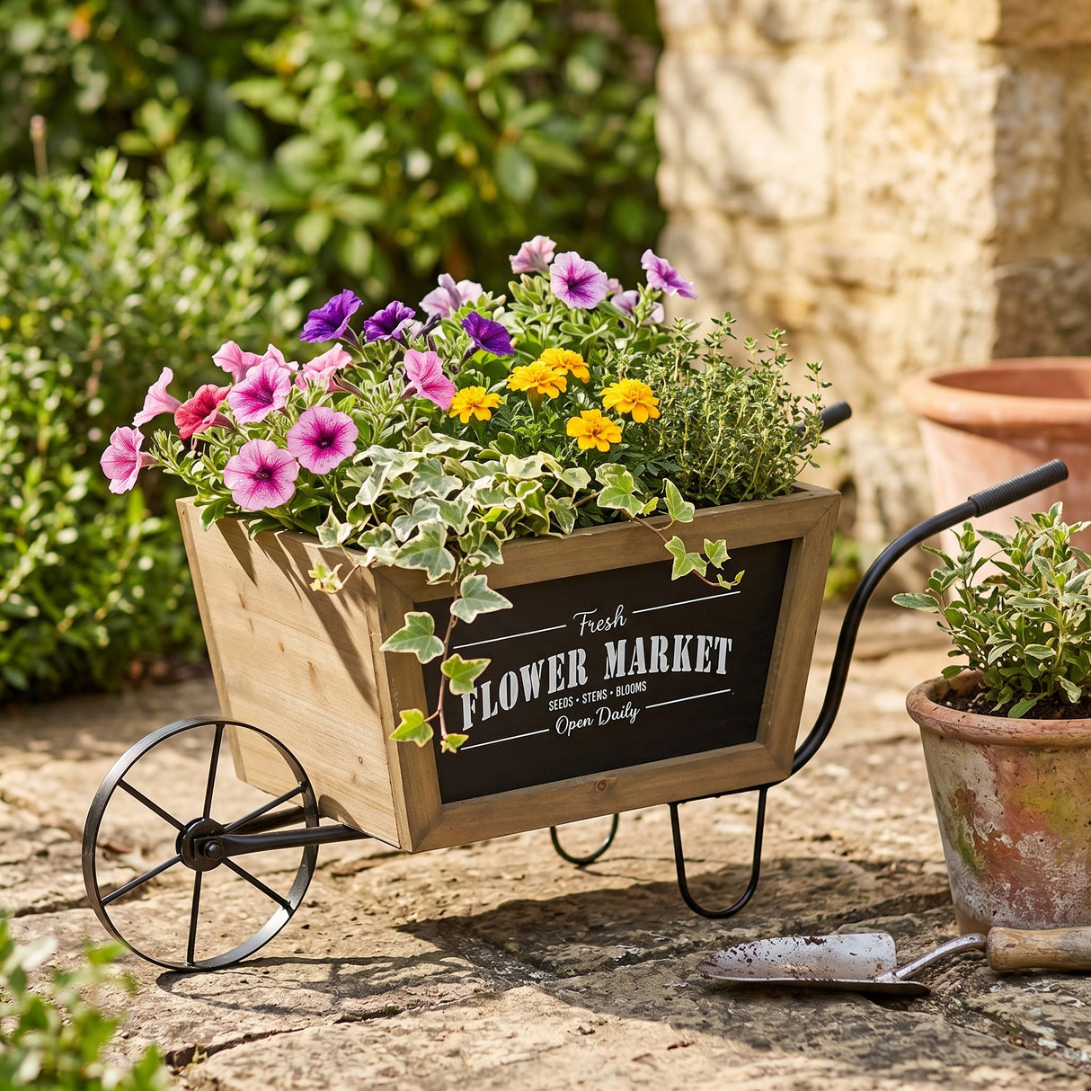 Farmhouse Wheelbarrow Planter with Flower Market Sign
