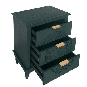 Hollow Carved 3 Drawer Dresser With Metal Handles, Storage Chest For Living Room Or Bedroom - Blackish Green