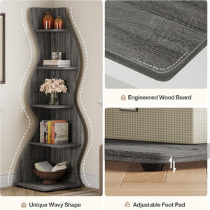 5 Tier Wavy Corner Bookshelf And Plant Stand For Living Room