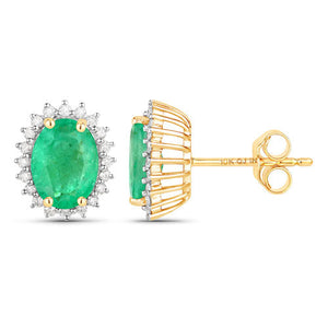 2.66 Carat Genuine Zambian Emerald and White Diamond 10K Yellow Gold Earrings