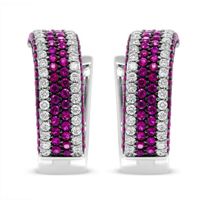 18K White Gold 1 7/8 Cttw Diamond and 1mm Round Red Ruby Open Swish Hoop Earrings (F-G Color, VS1-VS2 Clarity)