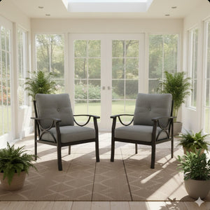 All Weather Armchairs With Cushions, Sculptural Design (Set of 2) - Gray / Khaki