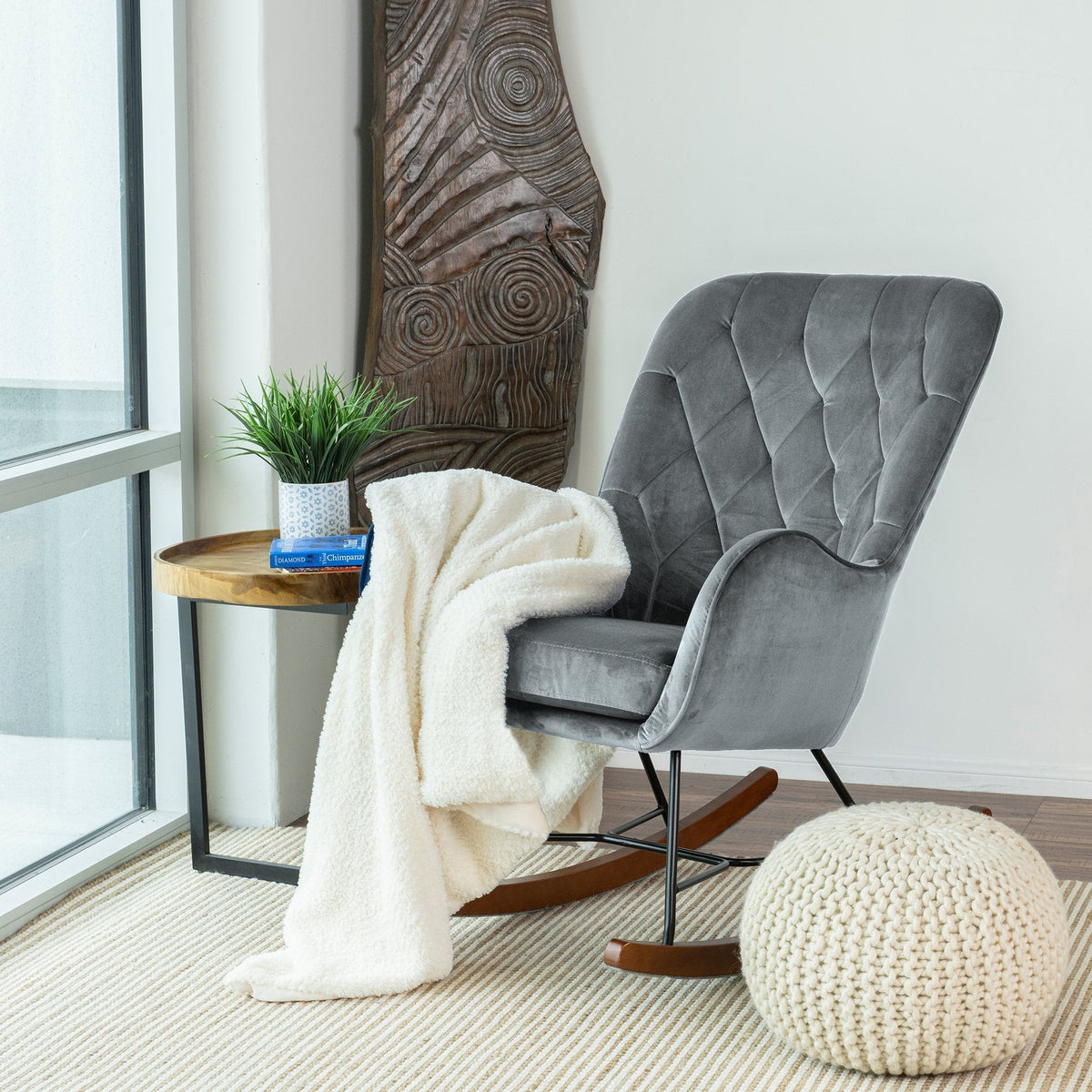 Mid Century Modern Rocking Chair with Velvet Upholstery - Dark Grey