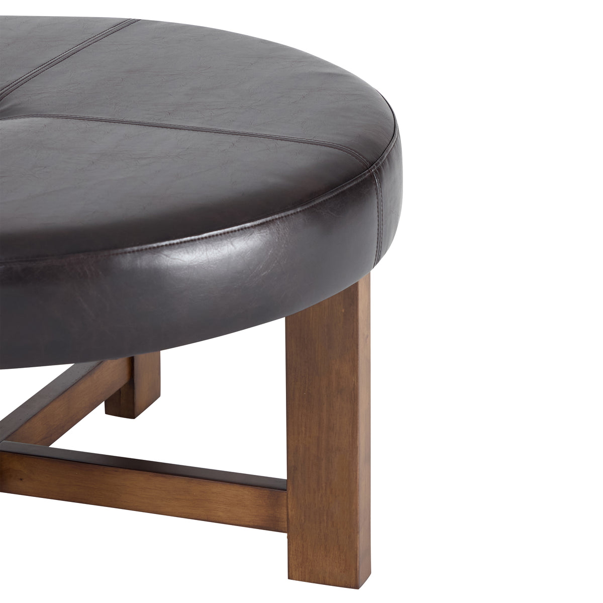 Round Leather Ottoman Coffee Table with Solid Wood Base
