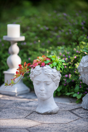 Greek Style Cement Head Planter Indoor Outdoor Home, Garden Decor - Gray